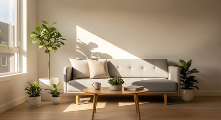 Living room interior with sofa, coffee table and plants. 3d renderの素材