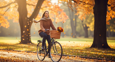 Beautiful young woman riding a bicycle in the autumn park with a basket of flowersの素材