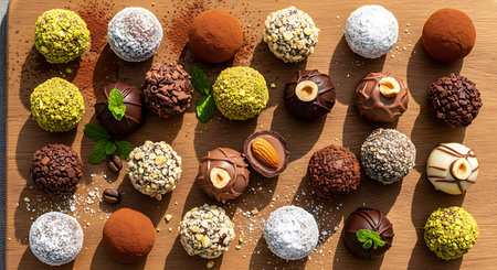 Assortment of chocolate candies on wooden background. Top view.の素材