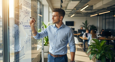 Young businessman writing on glass board with infographics. Businessman working in office.の素材