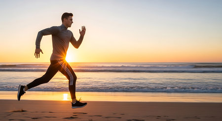 Young man running on the beach at sunrise. Healthy lifestyle concept.の素材