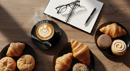 Coffee cup, croissants, notebook and glasses on wooden tableの素材