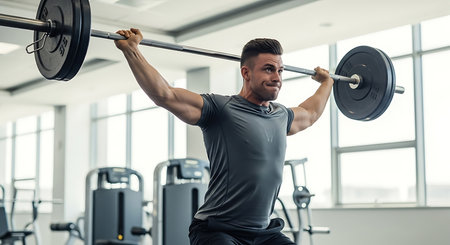 Handsome young Caucasian man working out in a gym lifting a barbellの素材