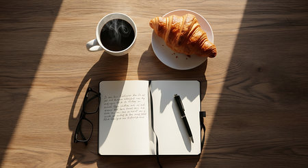 Cup of coffee, croissant, notebook and glasses on wooden tableの素材