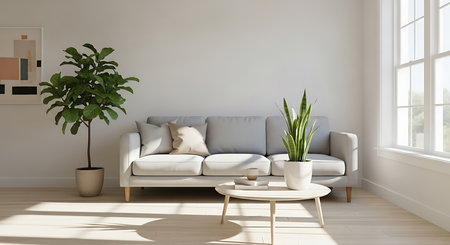 Interior of modern living room with white sofa, coffee table and plant - renderingの素材