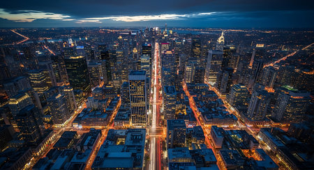 Aerial view of Chicago downtown at night, Illinois, USA.の素材