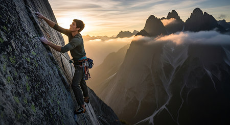 Young man climbing on a rock at sunset. Extreme sport climbing.の素材