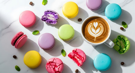 Colorful macaroons and cup of coffee on white marble tableの素材
