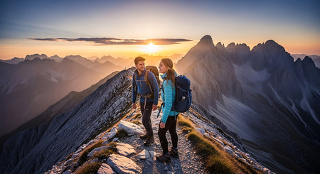 Couple hiking in the Dolomites at sunrise, Italy.の素材