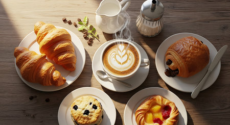 Cup of coffee and croissants on wooden table, top viewの素材