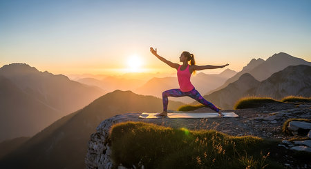 Young woman practicing yoga on the top of a mountain during sunrise.の素材