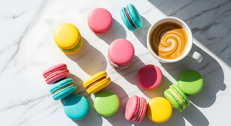 Colorful macaroons and cup of coffee on white marble table.の素材