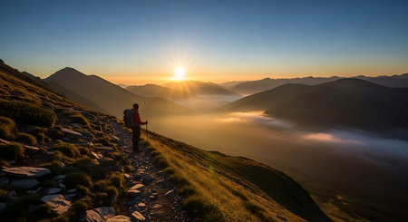 Hiker on the top of the mountain in the rays of the rising sunの素材