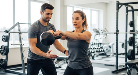 young sporty couple working out with kettlebells in fitness centerの素材