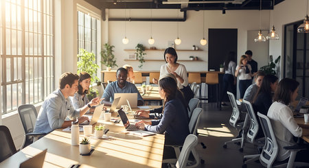 Group of diverse business people working together in modern office, copy spaceの素材