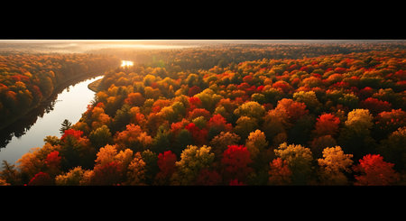 Autumn landscape with river and forest at sunset. 3d renderの素材