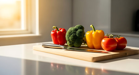 Vegetables on a cutting board on a white kitchen table.の素材