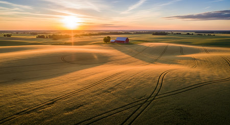 Aerial view of the sunset over the agricultural field in Poland.の素材