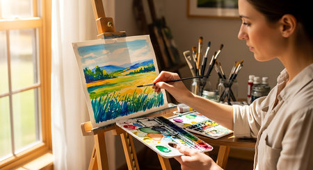 Female artist painting picture on canvas in her studio, close-upの素材