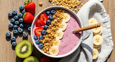 Healthy breakfast bowl with strawberry, blueberry, banana and granolaの素材