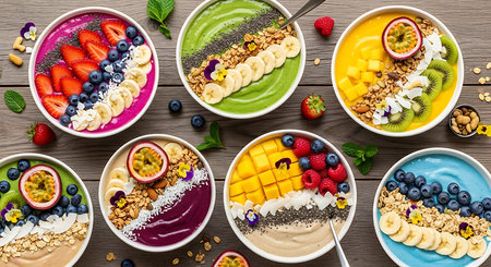 Granola bowls with fruits and berries on wooden table, top viewの素材