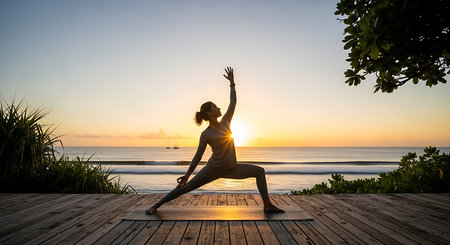 Woman practicing yoga on the beach at sunset. Healthy lifestyle concept.の素材