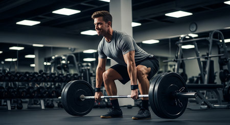 Athletic man doing squats with a barbell in the gymの素材
