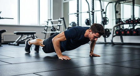Muscular man doing push-ups in the gym. Crossfit conceptの素材