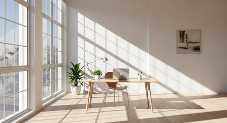 Interior of modern office with white walls, wooden floor, panoramic window with city view and daylight. 3d renderingの素材