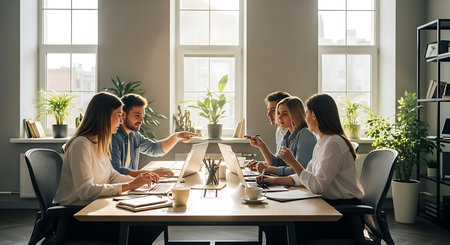 Group of business people in smart casual wear working together in modern office.の素材