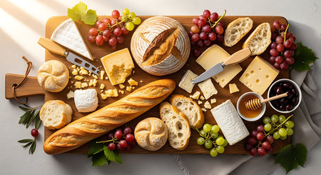 Different types of cheese, grapes, honey and bread on wooden boardの素材