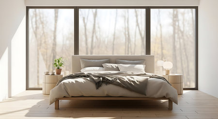 Modern bedroom interior design with wooden floor and window. 3d renderingの素材