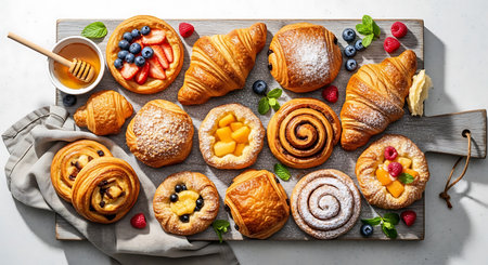 Freshly baked buns with berries and honey, top view.の素材