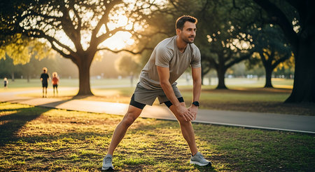 Young man in sportswear warming up before running in the park.の素材