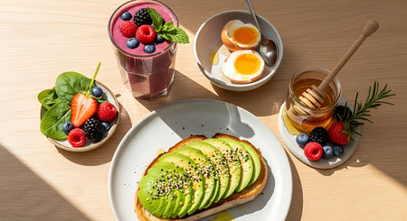 Healthy breakfast with toast with avocado, berries and eggs on wooden tableの素材