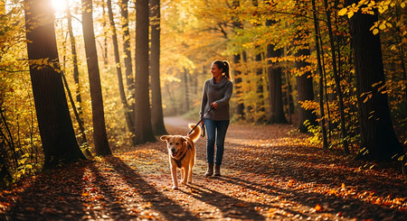 Young woman walking with her dog in the autumn forest. Sunny dayの素材