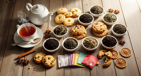 Various kinds of tea and cookies on wooden background. Selective focus.の素材