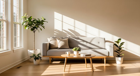 Living room interior with sofa, coffee table and plant. 3d renderの素材