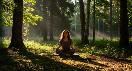 Young woman practicing yoga in the forest at sunrise. Healthy lifestyle concept.の素材