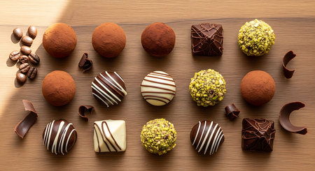 Assorted chocolate candies on a wooden background. Top view.の素材