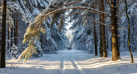 Beautiful winter landscape with snowy road and pine trees in the forestの素材