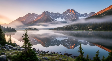 Mountain lake in Canadian Rockies at sunrise, Banff National Park, Alberta, Canadaの素材