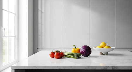 Fresh vegetables on white marble table in modern kitchen with white walls, panoramic window and daylight. 3d renderingの素材