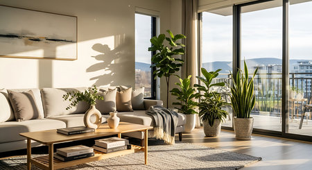 Interior of modern living room with sofa, coffee table and plantsの素材