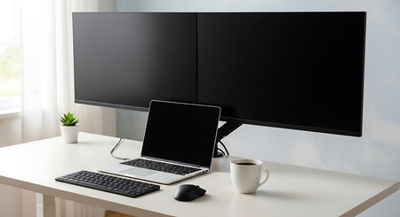 Computer with blank screen on table in office. 3D Renderingの素材