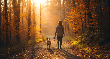 Young woman walking with her dog in the autumn forest at sunset.の素材