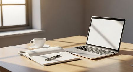 Close up of modern workplace with blank laptop, coffee cup and notebook on wooden table. Mock up, 3D Renderingの素材
