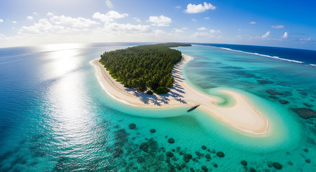 Aerial view of beautiful tropical island with white sand beach, turquoise ocean and blue sky.の素材