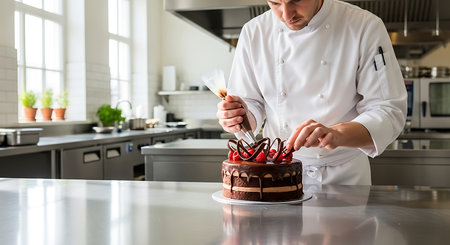 Young chef decorating a chocolate cake in the kitchen of a restaurantの素材