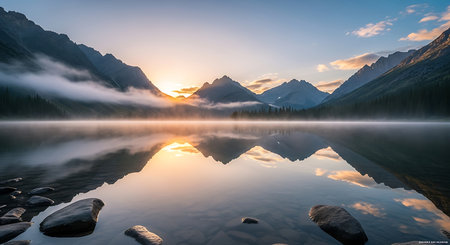 Mountain lake at sunrise. Canadian Rockies, Alberta, Canada.の素材